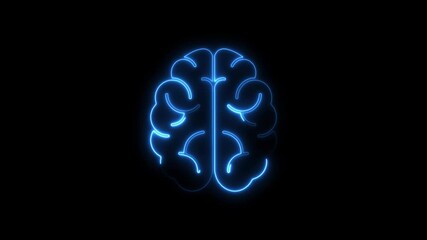Glowing blue neon brain outline pulsing with light on black background representing intelligence - Powered by Adobe