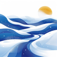 Fototapeta premium Abstract winter landscape with blue mountains and sun 