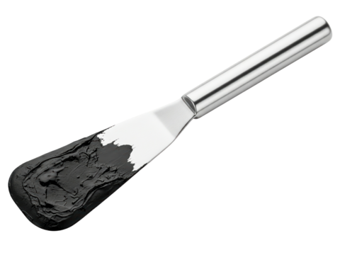 Metal palette knife spreading a black cosmetic cream on a transparent background