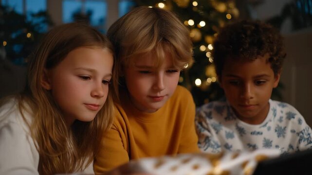 Kids designing personalized Christmas escape room puzzles for siblings or friends, emotion of focus and joy visible, symbolizing problem-solving holiday games and interactive indoor festivities.