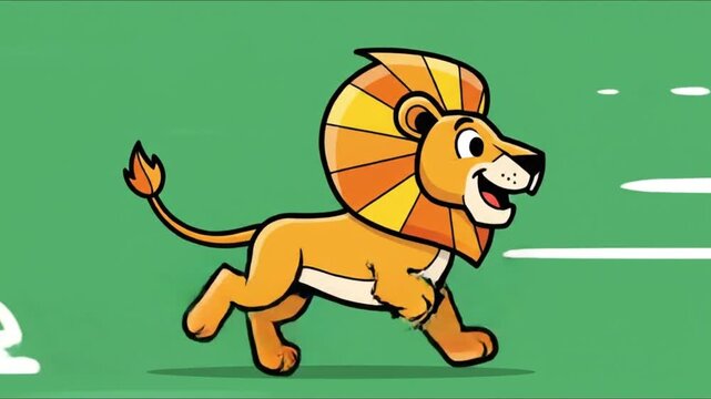 Adorable cartoon lion mascot jogging in a playful vector illustration. The happy king of the jungle is depicted in motion on a green background