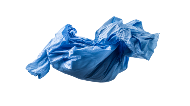 Crumpled blue plastic sheet floating and twisting