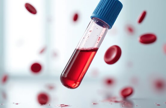 Blood sample in test tube for analysis. Red blood cells surround tube. Medicine research. Health checkup. Lab testing diagnosis. Medical exam and treatment concept. Vaccine development and hematology.
