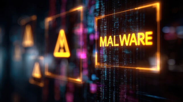 glowing digital interface displays the word "MALWARE" alongside warning symbols, symbolizing a cybersecurity threat in a high-tech virtual environment