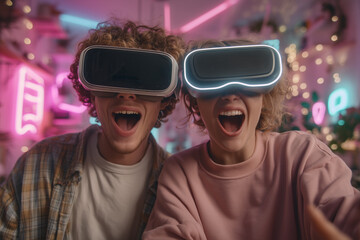 Two young adults wearing VR headsets, standing in living room, solving virtual puzzles together, candid teamwork and excitement