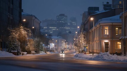 Minimalist winter city street at dawn with soft pastel light, snow-covered sidewalks, and warm yellow streetlights reflecting on wet pavement — concept highlighting urban serenity, early morning - Powered by Adobe