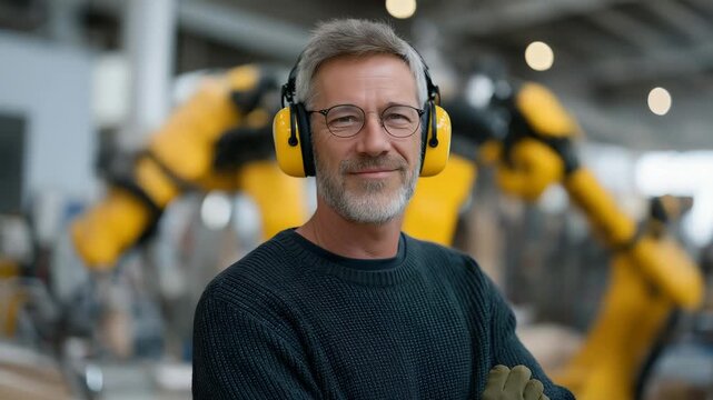 Mature worker with protective gloves and headset analyzing predictive maintenance dashboards beside robotic arms, emotion of confidence visible, representing knowledge transfer and technological
