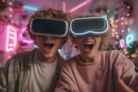 Two young adults wearing VR headsets, standing in living room, solving virtual puzzles together, candid teamwork and excitement