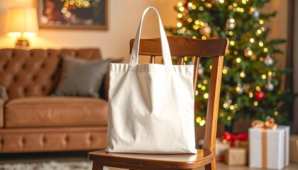Eco-Friendly Tote Bag Display in Festive Christmas Setting