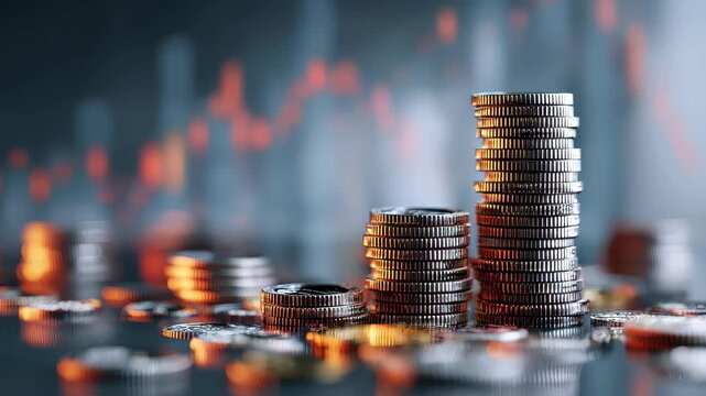 Stacks of coins symbolize the growth of finance and technology in a modern investment landscape demonstrating progress in monetary systems