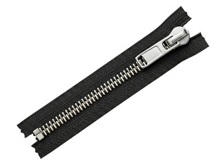 Metal zipper fastener on black textile on a transparent background