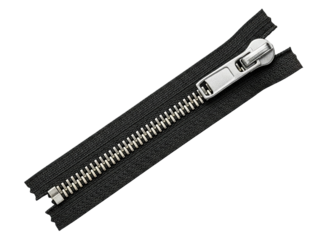 Metal zipper fastener on black textile on a transparent background