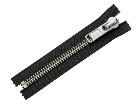 Metal zipper fastener on black textile on a transparent background