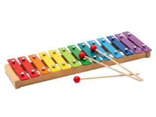 Educational toy glockenspiel with vibrant colored bars and mallets on a transparent background