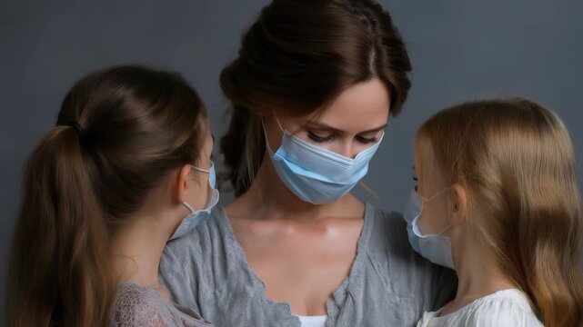 Family of three wears medical masks for safety with soft expressions against a neutral background