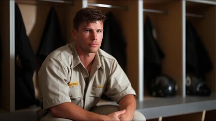 Officer sitting silently in locker room after long shift, uniform undone, face thoughtful, symbolizing vulnerability, human exhaustion, and emotional recovery after challenging situations.