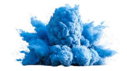 Dynamic blue powder explosion with scattered particles on white background