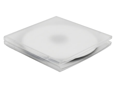 Translucent plastic clamshell case for compact disc storage on a transparent background