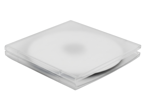 Translucent plastic clamshell case for compact disc storage on a transparent background