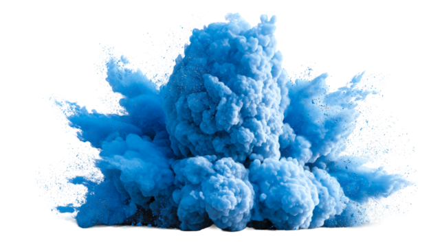 Dynamic blue powder explosion with scattered particles on white background