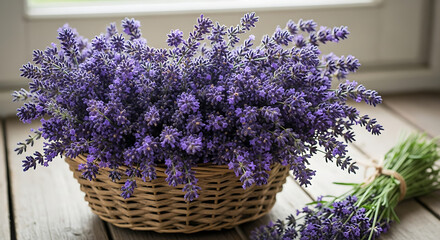 Fototapeta premium A basket full of lavender flowers with a bundle of lavender next to it on a wooden surface ai generated