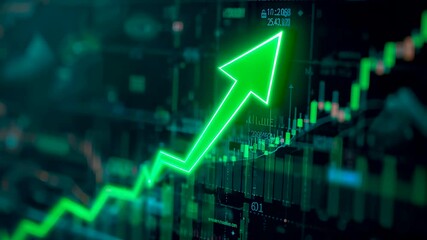 Glowing green upward arrow showing successful financial market growth and stock trading progress on digital chart with data analytics - Powered by Adobe