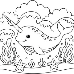 Narwhal cute coloring page illustration featuring an adorable smiling sea unicorn swimming underwater surrounded by coral seaweed bubbles and happy starfish friends