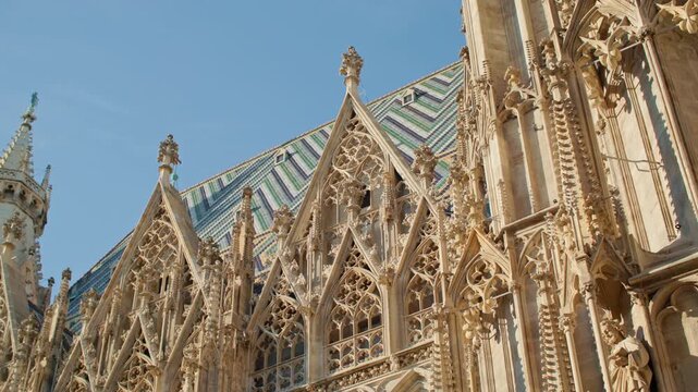 Beautiful architecture of Stephens Cathedral in Vienna Austria. Ancient frescoes facade of Gothic cathedral in the center of the capital travel and tourism of Europe.