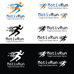 Dynamic runner logo design featuring motion lines and a modern font, perfect for sports and fitness brands