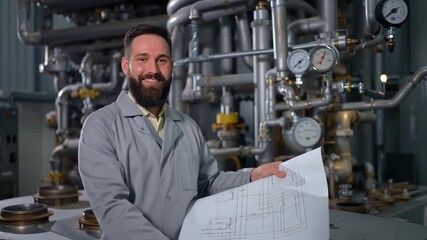 A smiling engineer holding a blueprint, standing in an industrial setting. He exudes confidence and professionalism. Stock Video - Powered by Adobe