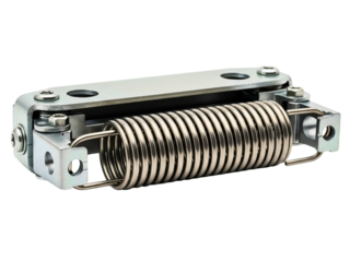 Mechanical hardware part with a large metal tension spring on a transparent background