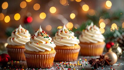 Delicious Christmas cupcakes with creamy frosting and colorful sprinkles, perfect for holiday treats
