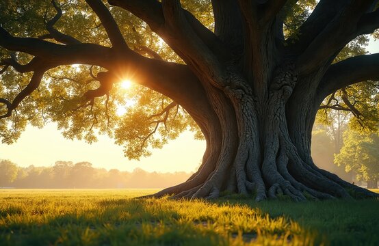 Majestic oak tree with thick trunk stands in peaceful green field. Golden sun rays break through foliage, casting warm glow. Powerful roots spread across ground. Tranquil natural landscape at sunset - Powered by Adobe