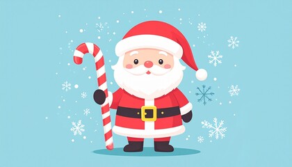 Christmas Joy Cheerful Santa Claus Illustration with Candy Cane and Snowflakes