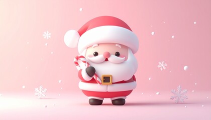 Adorable Cartoon Santa Claus Holding a Candy Cane Against a Soft Pink Background with Snowflakes
