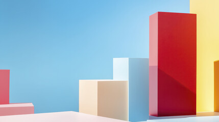 Vibrant composition of geometric shapes in pastel colors against blue background creates minimalist aesthetic