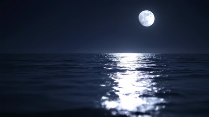 Full Moon Reflecting on Calm Ocean Water at Night, Serene Moonlight Seascape. - Powered by Adobe