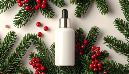 White dropper bottle for natural beauty serum, elegantly displayed amidst fresh fir tree branches and vibrant red berries, ideal for festive season cosmetic promotions
