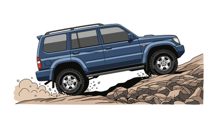 Blue SUV drives over rocky terrain with dirt kicked up