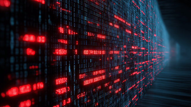 Digital data stream of red code over a binary stream background