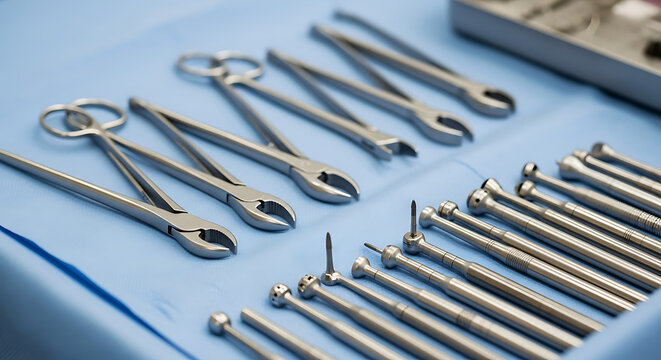 A close up shot of an arrangement of dental surgical instruments on a light blue surgical drape ai generated - Powered by Adobe