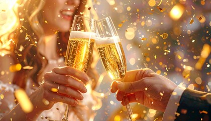 Radiant Celebration Moment with Golden Confetti and Sparkling Toasts, Embodying the Spirit of Joy, Success, and Shared Happiness at a Festive Event