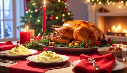 Festive Holiday Dinner Roasted Turkey on Christmas Table