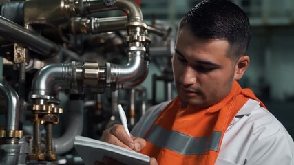 A dedicated worker meticulously inspecting and documenting machinery Stock Video