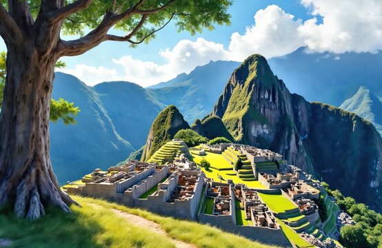 Ancient Inca city of Machu Picchu in Peru with stone structures, terraces, mountains and tree in foreground. Historic ruins, green hills, blue sky with clouds. People walk around the site.