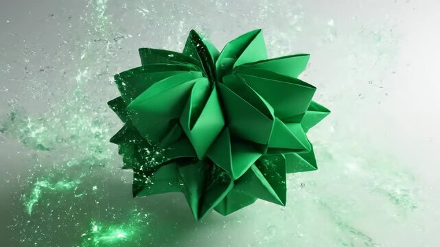 Minimalist origami metaphor showing an indigo ribbon (mRNA) folding into a complex 3D emerald sculpture (protein).