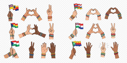 Diverse hands with various skin tones making heart and peace gestures, holding flags of African nations, symbolizing unity and diversity.