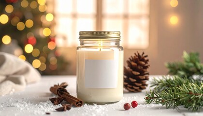 Aromatic holiday candle with a blank label for mockup, set in a cozy winter Christmas atmosphere with festive lights and natural decor