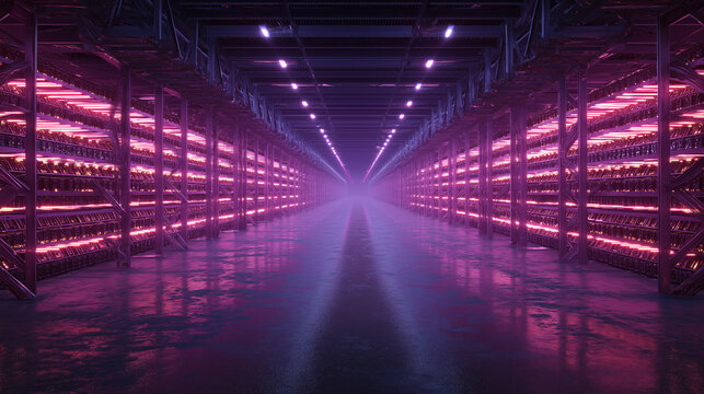 Dazzling Data Center: A Tunnel of Technology with Radiant Pink Lights