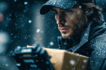 Portrait Of Courier Scanning Package With Handheld Device In Heavy Snow